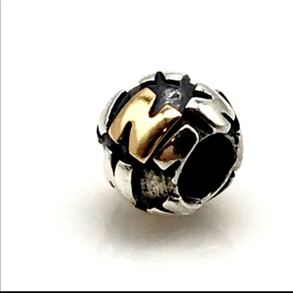 Pandora charm.  14k gold and sterling silver.  Initial N.